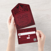 Invitation Tout En Un Sang Rouge noir corbeau Monogramme Goth Mariage (Déchirure)