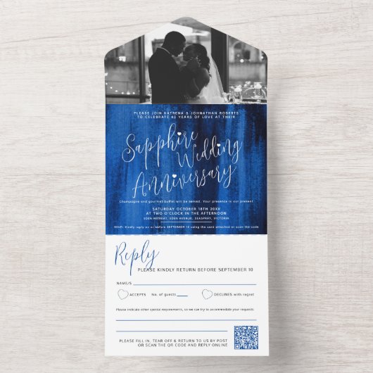 Invitation Tout En Un Sapphire Mariage 45ème photo code QR option RSVP (À l'intérieur)