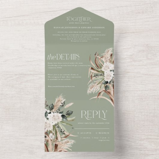 Invitation Tout En Un sauge vert rustique pampas eucalyptus mariage (À l'intérieur)