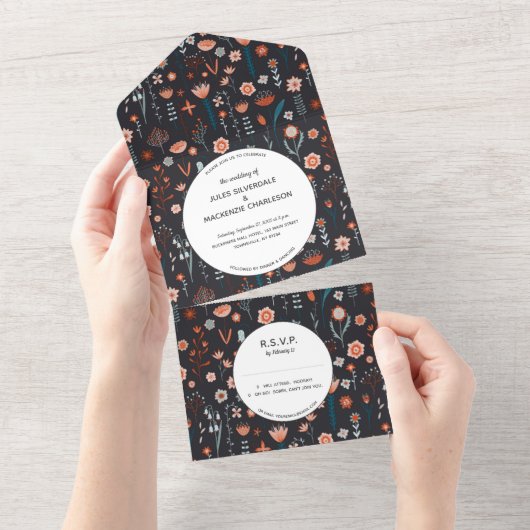 Invitation Tout En Un Scandinave Fleurs d'été Mariage de Boho foncé (Déchirure)
