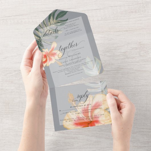 Invitation Tout En Un Scarlet Tropical Jaune Hibiscus Fern Mariage (Déchirure)