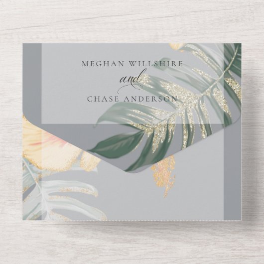 Invitation Tout En Un Scarlet Tropical Jaune Hibiscus Fern Mariage (Verso)