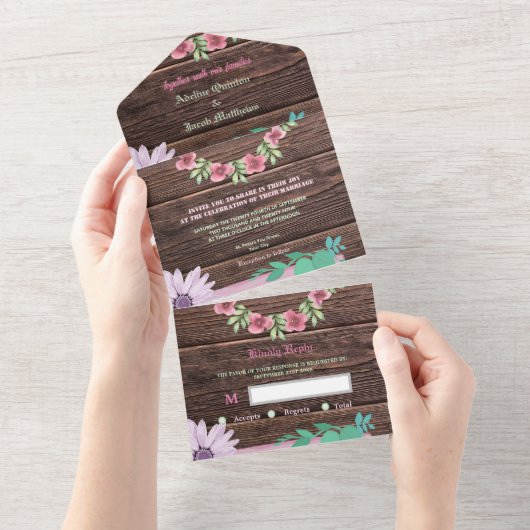 Invitation Tout En Un Script à fleurs en bois rustique (Déchirure)