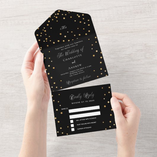 Invitation Tout En Un Script Black gold stars mariage (Déchirure)