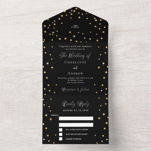 Invitation Tout En Un Script Black gold stars mariage (À l'intérieur)