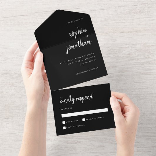 Invitation Tout En Un Script Black | Wedding (Déchirure)