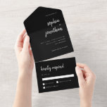 Invitation Tout En Un Script Black | Wedding<br><div class="desc">Ces invitations de mariage tout-en-un,  élégantes et minimalistes,  sont dotées d'une typographie de script moderne blanc et d'un texte sans serif propre,  pour un design noir simple et élégant que vous aimerez. La carte de réponse RSVP détectable est jointe.</div>
