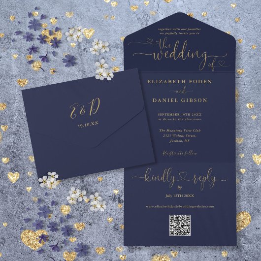Invitation Tout En Un Script Cœurs Navy Bleu Et Or QR Code Mariage