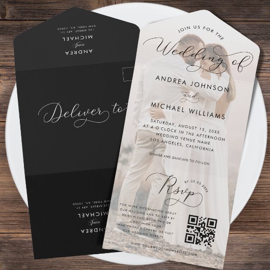 Invitation Tout En Un Script de calligraphie romantique Photo Code Qr Ma