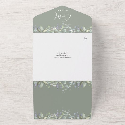 Invitation Tout En Un Script Floral QR Code Sage Green Mariage (Dehors)