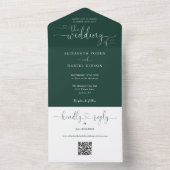 Invitation Tout En Un Script Hearts Émeraude Vert Code QR Mariage (À l'intérieur)