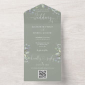 Invitation Tout En Un Script Hearts Floral Code QR Vert Sauge Mariage (À l'intérieur)