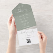 Invitation Tout En Un Script Hearts Sage Green QR Code Mariage (Déchirure)
