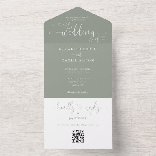 Invitation Tout En Un Script Hearts Sage Green QR Code Mariage (À l'intérieur)