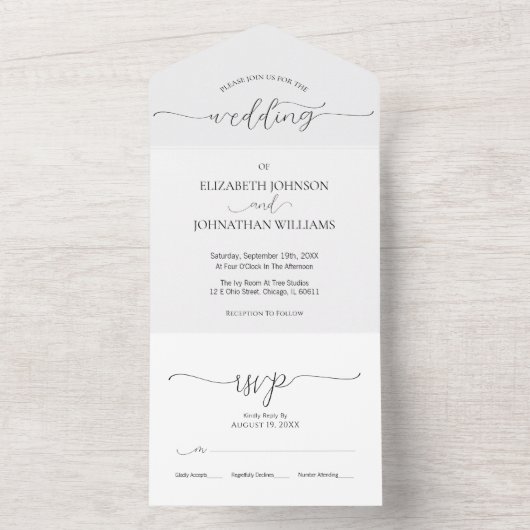 Invitation Tout En Un Script minimal simple Mariage noir et blanc (À l'intérieur)