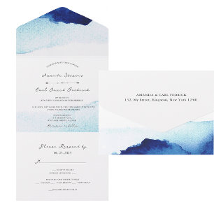 Invitation Tout En Un Script moderne Aquarelle Indigo Mariage bleu
