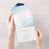 Invitation Tout En Un Script moderne Aquarelle Indigo Mariage bleu (Déchirure)