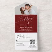 Invitation Tout En Un Script moderne Bourgogne Rouge Photo QR Code Maria (À l'intérieur)