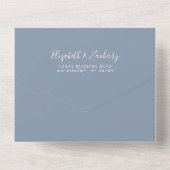 Invitation Tout En Un Script moderne Mariage bleu poussiéreux minimal (Verso)