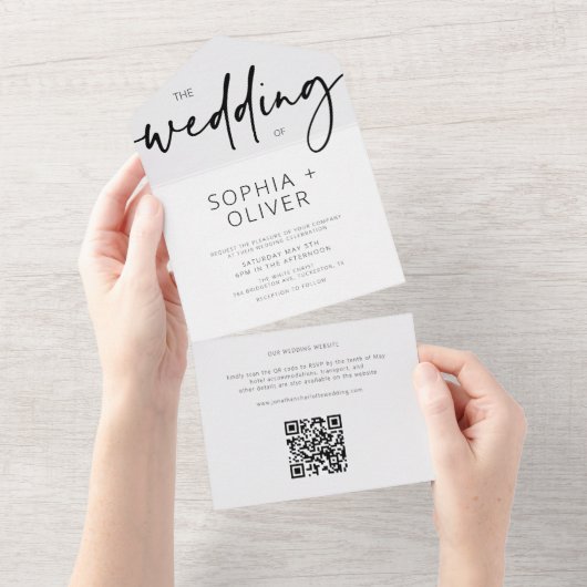 Invitation Tout En Un Script moderne Mariage gris argent (Déchirure)