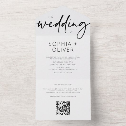 Invitation Tout En Un Script moderne Mariage gris argent (À l'intérieur)