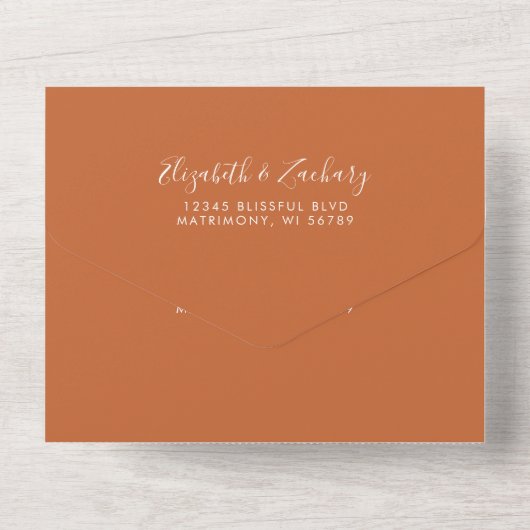 Invitation Tout En Un Script moderne Mariage orange brûlé (Verso)