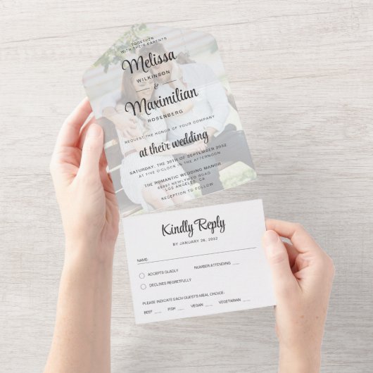 Invitation Tout En Un Script moderne transparent photo simple mariage (Déchirure)