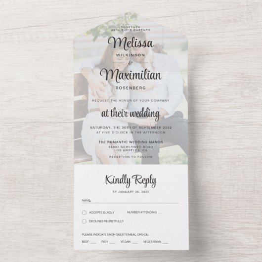 Invitation Tout En Un Script moderne transparent photo simple mariage (À l'intérieur)