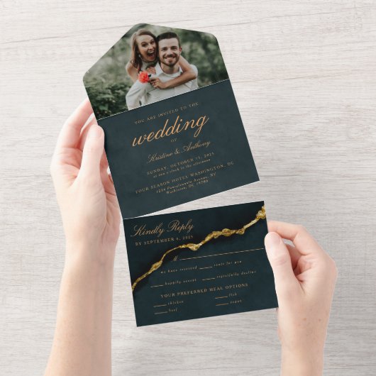 Invitation Tout En Un Script moderne Turquoise Agate Mariage All in One (Déchirure)