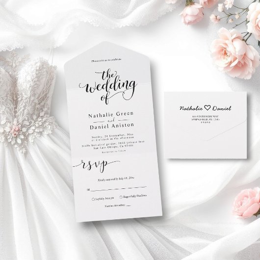 Invitation Tout En Un Script noir et blanc délicat Mariage simple