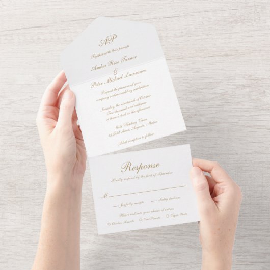 Invitation Tout En Un Script officiel Monogramme Or Mariage élégant (Déchirure)