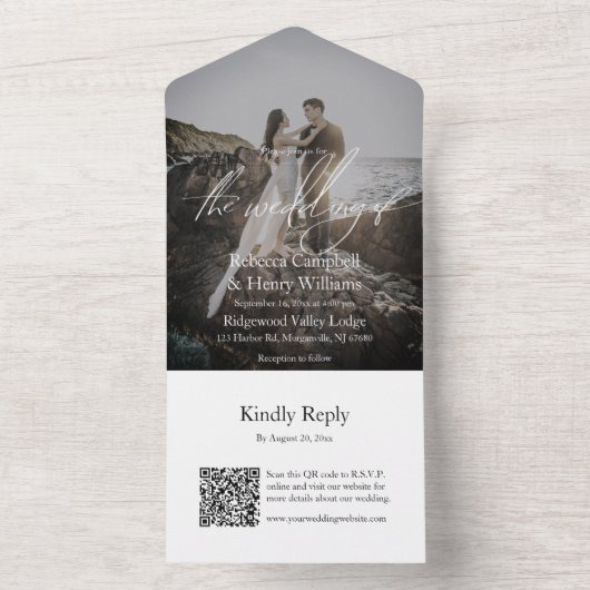 Invitation Tout En Un Script photo moderne QR Code RSVP Mariage (À l'intérieur)