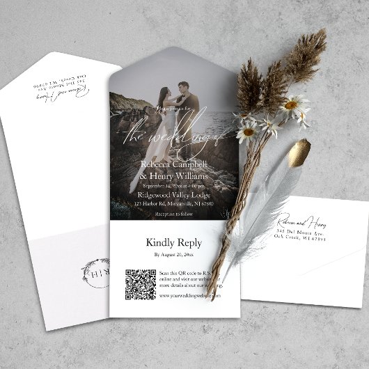 Invitation Tout En Un Script photo moderne QR Code RSVP Mariage