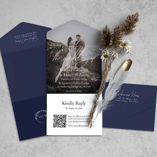 Invitation Tout En Un Script photo moderne QR Code RSVP Marine Mariage b