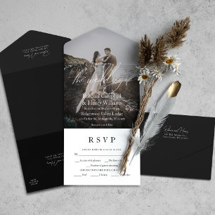 Invitation Tout En Un Script photo moderne RSVP Entree Mariage noir