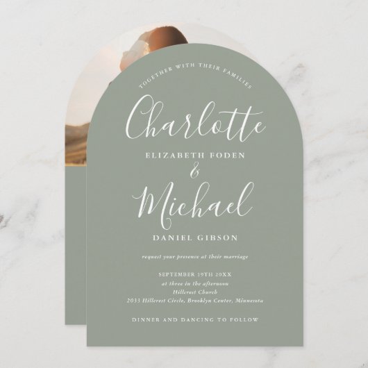 Invitation Tout en un script Photo Sage Green Arch Mariage (Devant / Derrière)