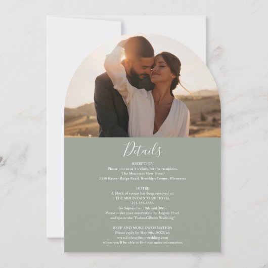Invitation Tout en un script Photo Sage Green Arch Mariage (Dos)