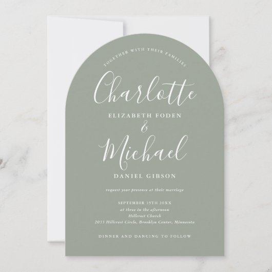 Invitation Tout en un script Photo Sage Green Arch Mariage (Devant)