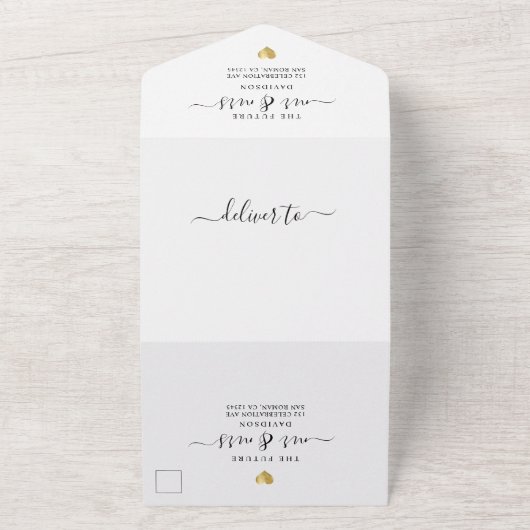 Invitation Tout En Un Script simple élégant Minimal Gold Heart Mariage (Dehors)