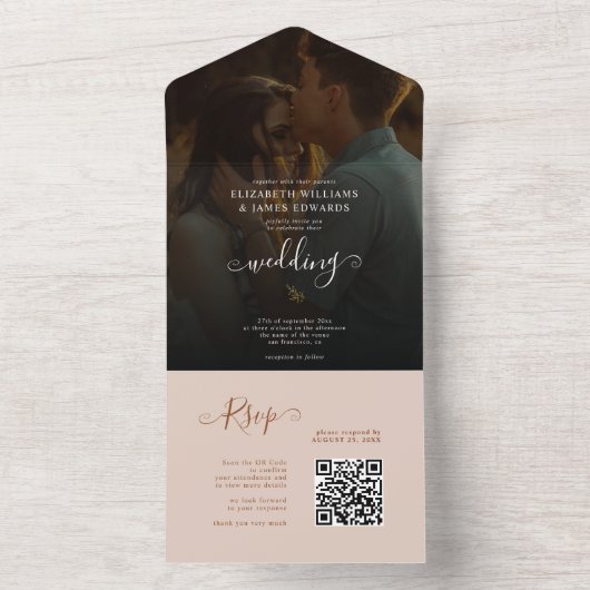 Invitation Tout En Un Script Terracotta Bohemian Wedding RSVP QR Code (À l'intérieur)