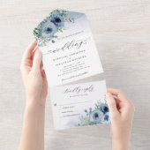 Invitation Tout En Un Script Whimsical élégant Floral Dusty Blue Mariage (Déchirure)