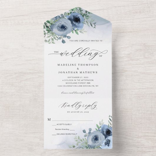Invitation Tout En Un Script Whimsical élégant Floral Dusty Blue Mariage (À l'intérieur)
