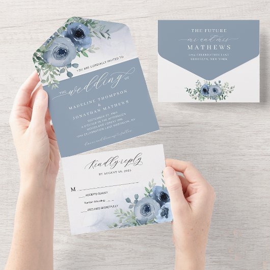 Invitation Tout En Un Script Whimsical élégant Floral Dusty Blue Mariage