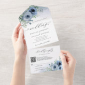 Invitation Tout En Un Script Whimsical Floral Dusty Blue QR Code Mariage (Déchirure)