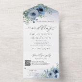 Invitation Tout En Un Script Whimsical Floral Dusty Blue QR Code Mariage (À l'intérieur)