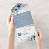 Invitation Tout En Un Script Whimsical Floral Dusty Blue QR Code Mariage (Déchirure)