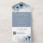 Invitation Tout En Un Script Whimsical Floral Dusty Blue QR Code Mariage (À l'intérieur)