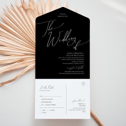 Invitation Tout En Un Script Whimsical | Mariage noir de phoque et d'env