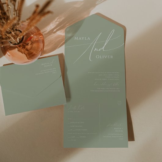 Invitation Tout En Un Script Whimsical | Sage Green Sceau Décontracté et