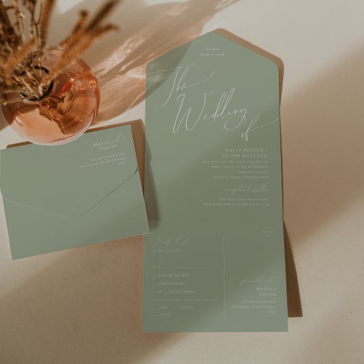 Invitation Tout En Un Script Whimsical | Sage Mariage de sceau et d'envo